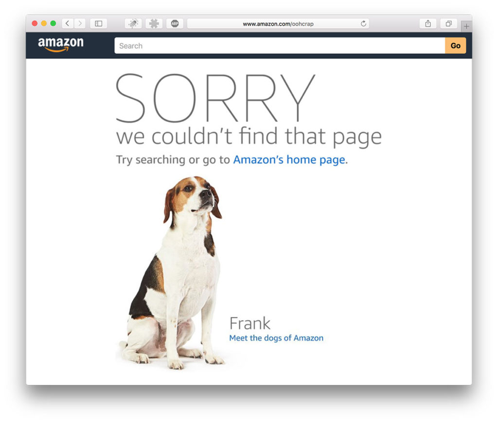 Error 404-page and Amazon showcase employees' dogs